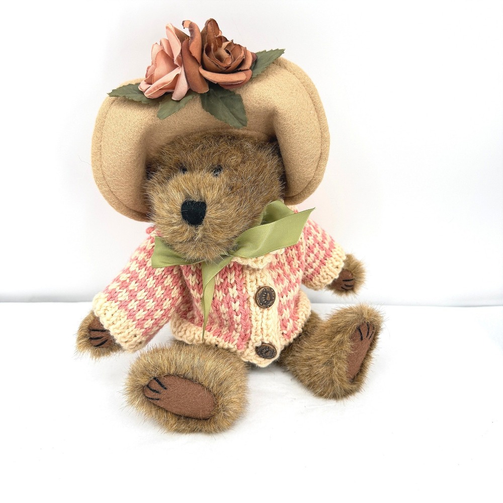 Boyds Bears Plush Bear Mrs Mertz Crochet Sweater Hat Floral VTG Collectible